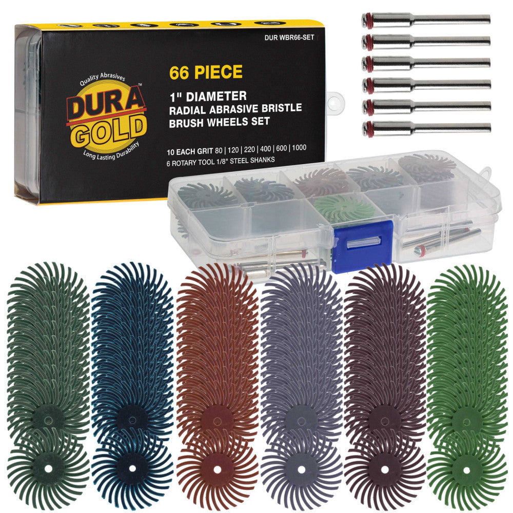 Dura-Gold 66-Piece 1" Radial Abrasive Bristle Brush Wheels Set Grits 80 to 1,000