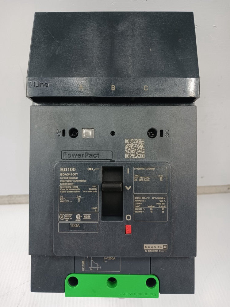 Square D 100 Amp I-Line Circuit Breaker 3 Pole 480Y/277 VAC 18kA BDA34100Y