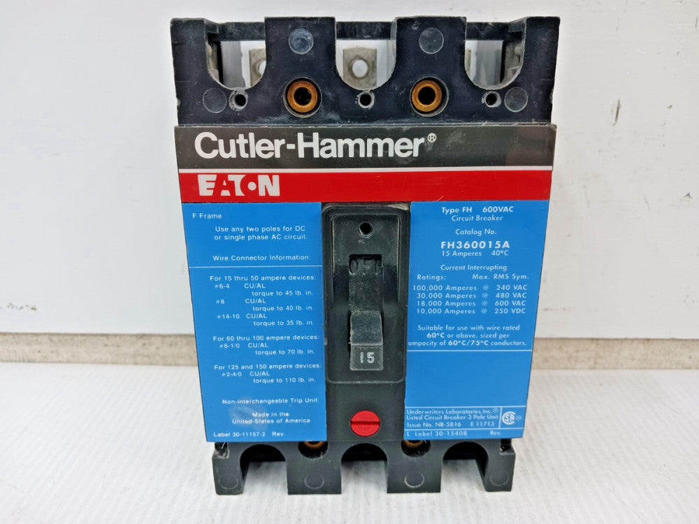 Eaton / Cutler Hammer 15 Amp Circuit Breaker 3 Pole 600 VAC / 250 VDC FH360015A