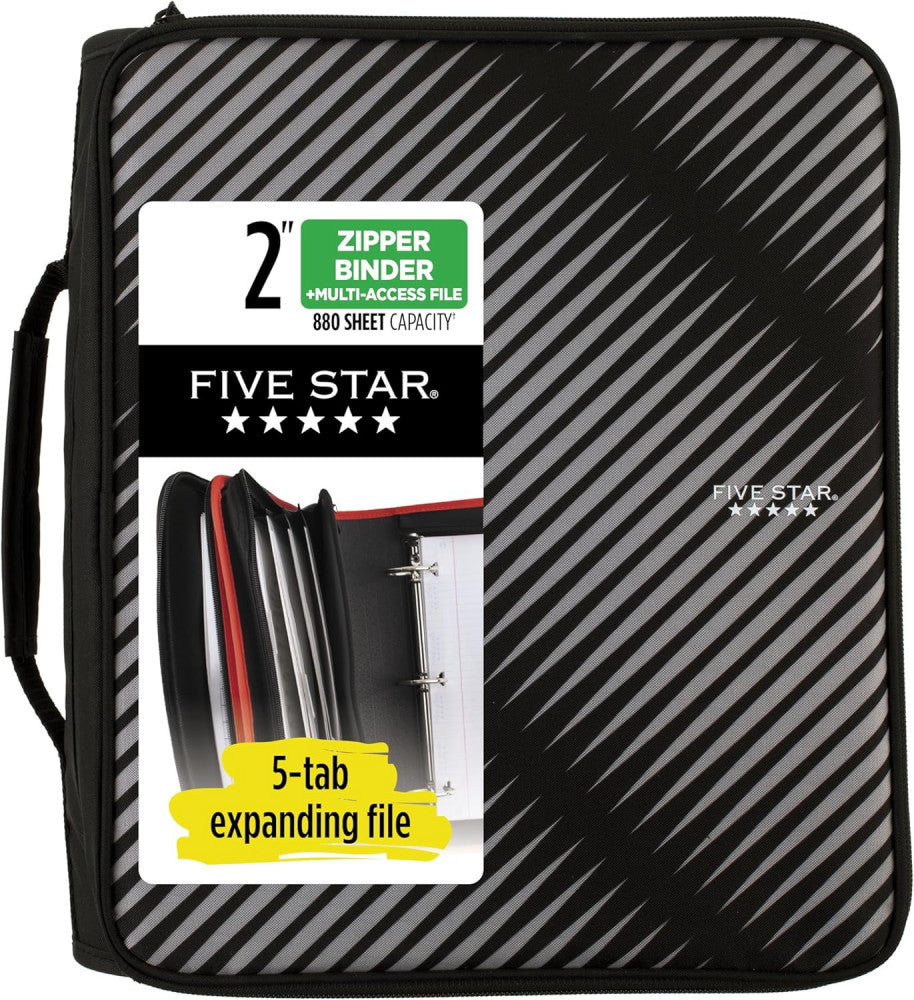 Zipper Binder, 2 Inch 3-Ring Binder with round Rings, 5-Tab Expanding File, 380 