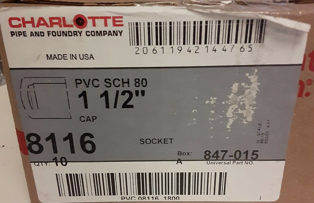 BRAND NEW  CHARLOTTE SCH 80 1 1/2" CAP 8116, 847-015 (10 PC BOX)