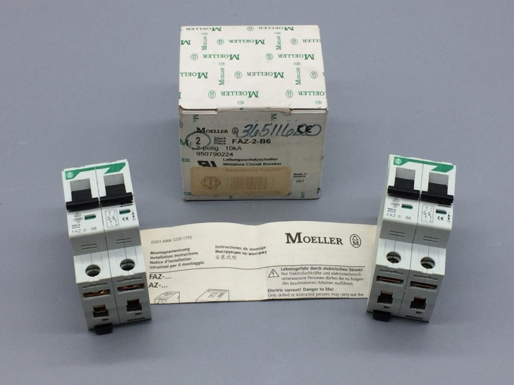 MOELLER FAZ-2-B6 CIRCUIT BREAKER 6A & 10KA QTY PACK OF 2 PN# FAZ-2-B6 