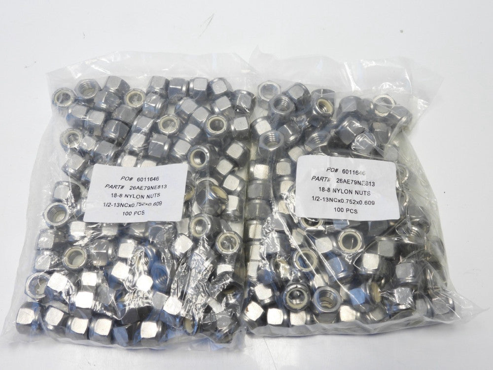 200pcs 26AE79NE813, 1/2-13 UNC Stainless Steel 18-8 Nylon Lock Nuts 