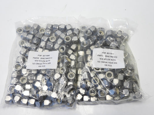 200pcs 26AE79NE813, 1/2-13 UNC Stainless Steel 18-8 Nylon Lock Nuts 