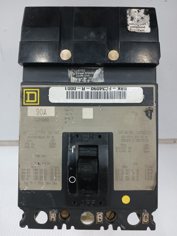 Square D 90 Amp I-Line Circuit Breaker 3 Pole 480 VAC 65kA FC34090