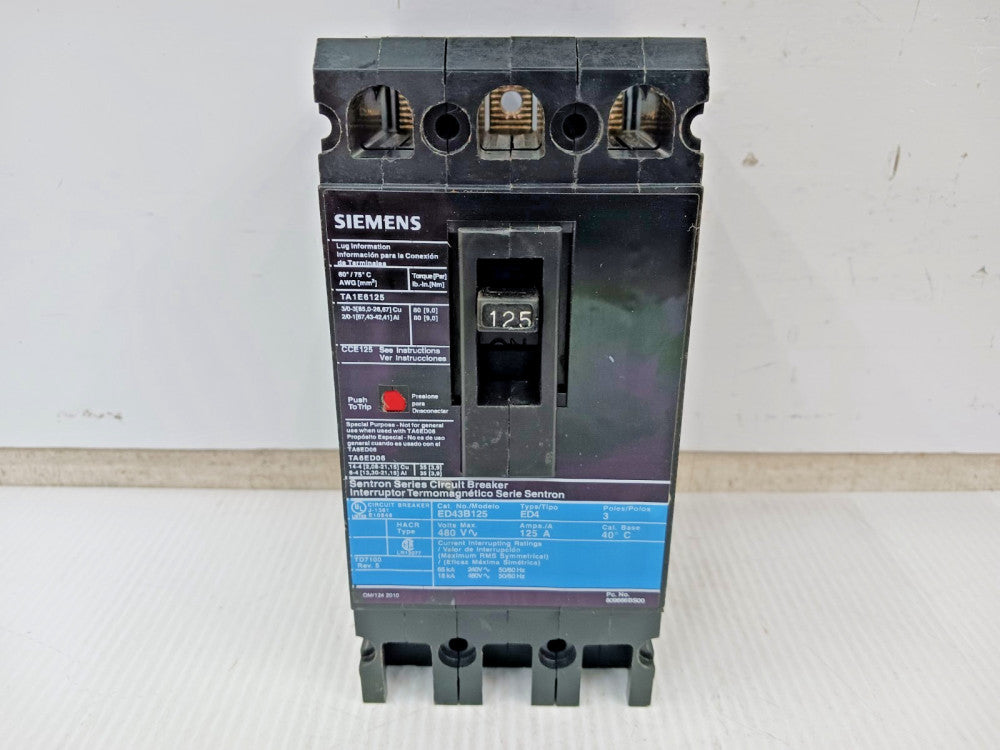 Siemens Sentron 125 Amp Circuit Breaker 3 Pole 480 VAC 65kA ED43B125
