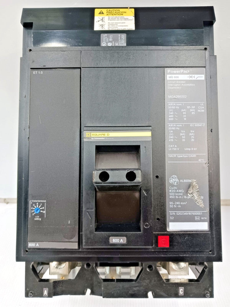 Square D PowerPact 600 Amp I-Line Circuit Breaker 2 Pole 600 VAC 35kA MGA266002