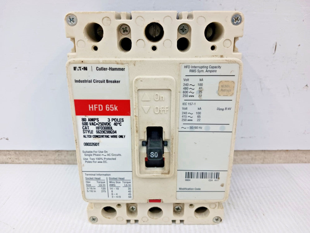 Eaton Cutler Hammer 80 Amp Circuit Breaker 3 Pole 600 VAC / 250 VDC HFD3080L