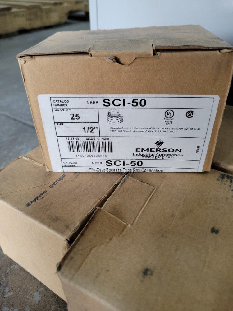 LOT OF 5  Boxes of 25 Emerson Straight Squeeze Connector 1/2" SCI-50
