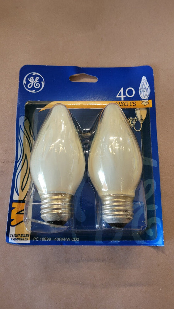 Vintage NOS 2 Pack GE 18899 40W 40FM/W DC2 White Flame Shaped Bulbs Medium Base