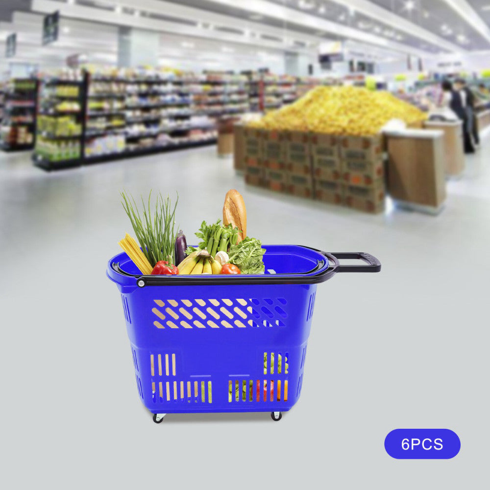 6PCS Shopping Carts with Wheels and Handle, Blue Shopping Basket Portable 35L