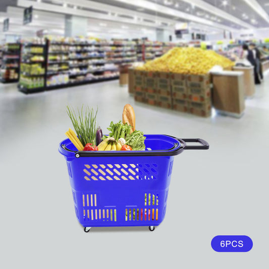 6PCS Shopping Carts with Wheels and Handle, Blue Shopping Basket Portable 35L