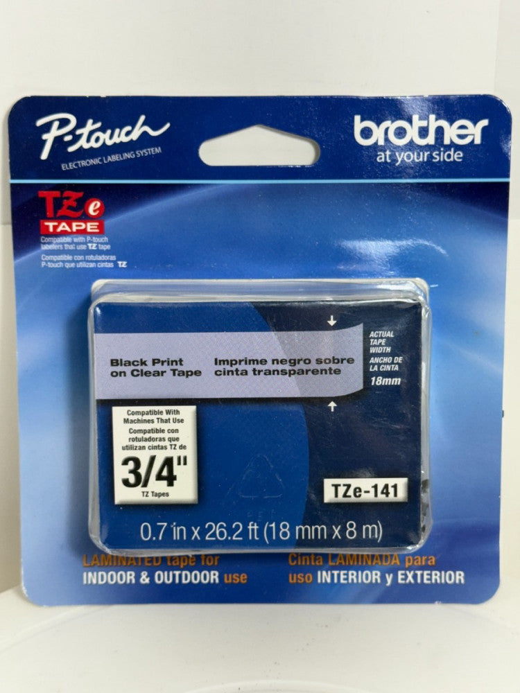 Brother P-Touch Labeler TZe Tape TZe-141 Black Print on Clear Tape 3/4" 18mm