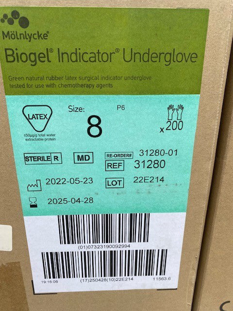 200 PAIR - MOLNLYCKE Biogel Latex Surgical Indicator Underglove SZ 8 Green 31280