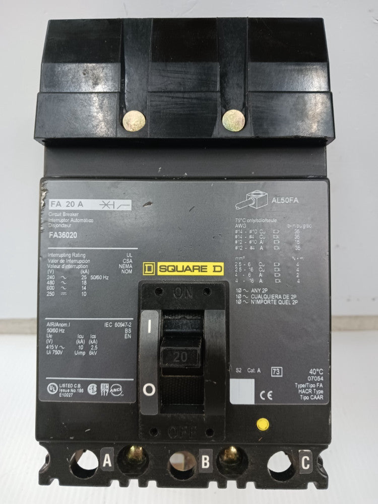 Square D 20 Amp I-Line Circuit Breaker 3 Pole 600 VAC / 250 VDC 18kA FA36020