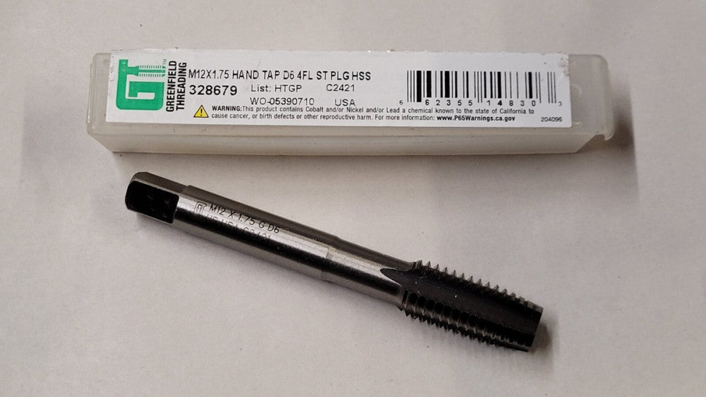 New Greenfield 328679 M12x1.75 Plug Tap D6 4 Flute Straight HSS