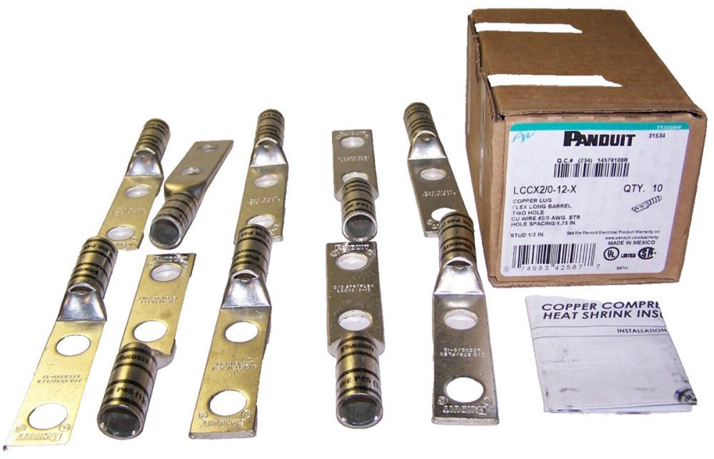 10) NEW PANDUIT TWO HOLE FLEX LONG BARREL COPPER LUG LCCX2/0-12-X BOX OF 10
