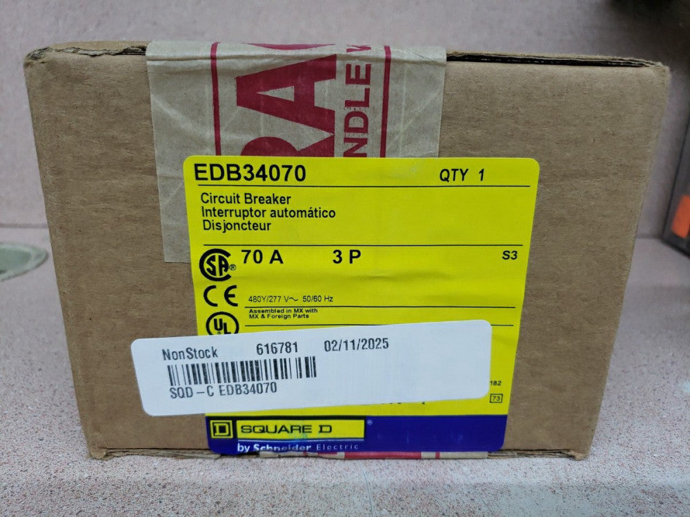 NEW Square D - EDB34070 - Mini Circuit Breaker, 70A, E-Frame, 3 Pole, 480Y/277