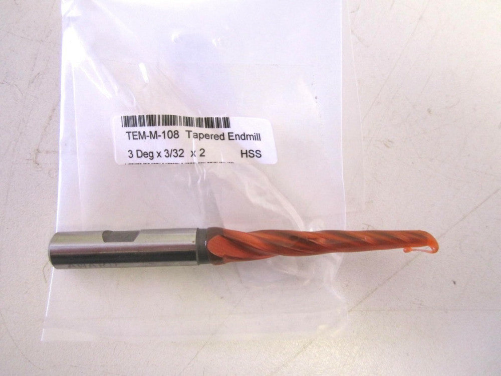 Award TEM-M-108 HSS 3/32 x 2 x 3-3/4 x 3/8 Tapered End Mill 3F RH Center Cutting