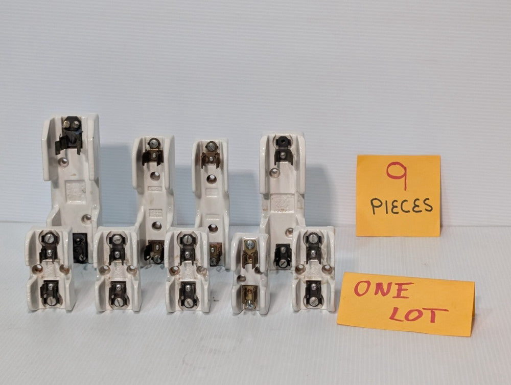 Lot of 9 Bolt-on Porcelain Ceramic Fuse Holders, Varying Sizes  Manufactures