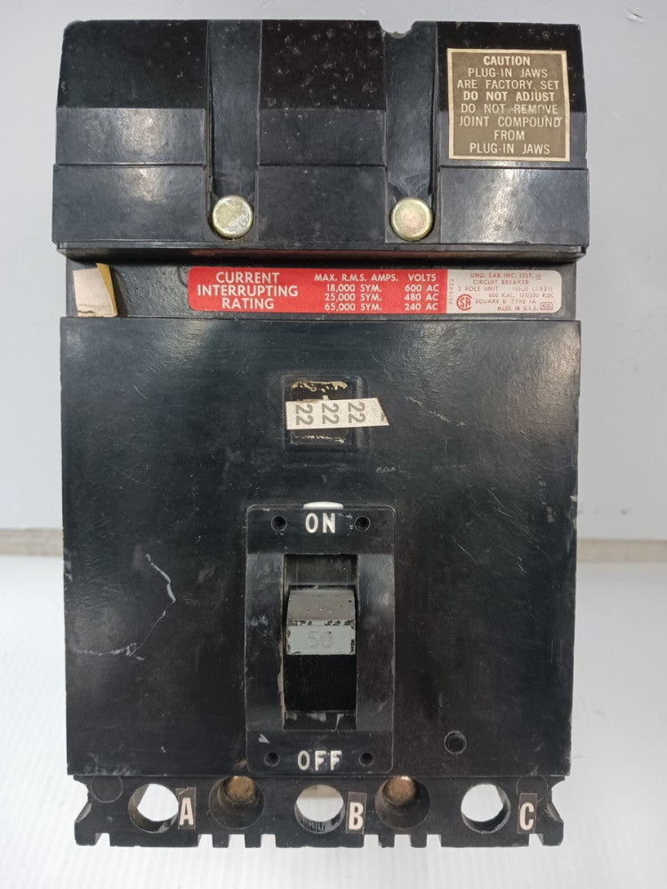 SQUARE D 50 AMP I-LINE CIRCUIT BREAKER 3 POLE 600 VAC FH-36050