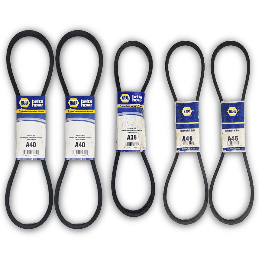 NAPA V-BELTS (LOT OF 5) (2) A46 1/2 X 48"  (2) A40 1/2 X 42" (1) A38 1/2 X 40"