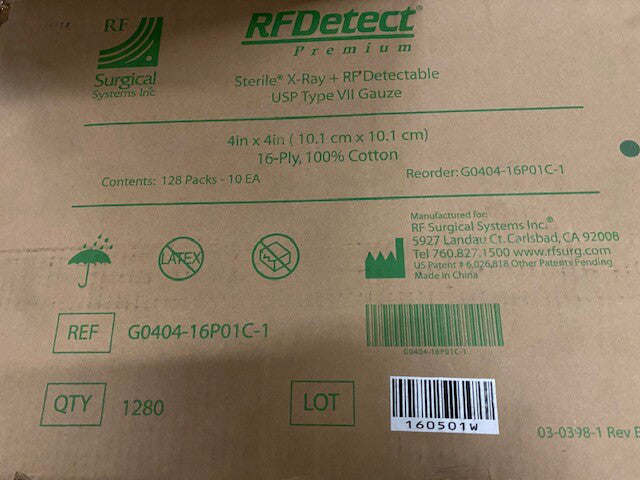 (Case of 1,280) RF Surgical G0404-16P01C-1 Gauze Surgical X-Ray 4x4"LF ST 16-Ply