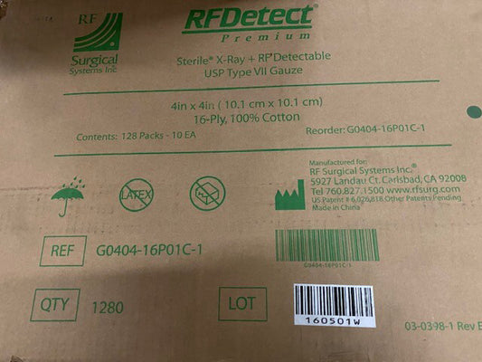 (Case of 1,280) RF Surgical G0404-16P01C-1 Gauze Surgical X-Ray 4x4"LF ST 16-Ply