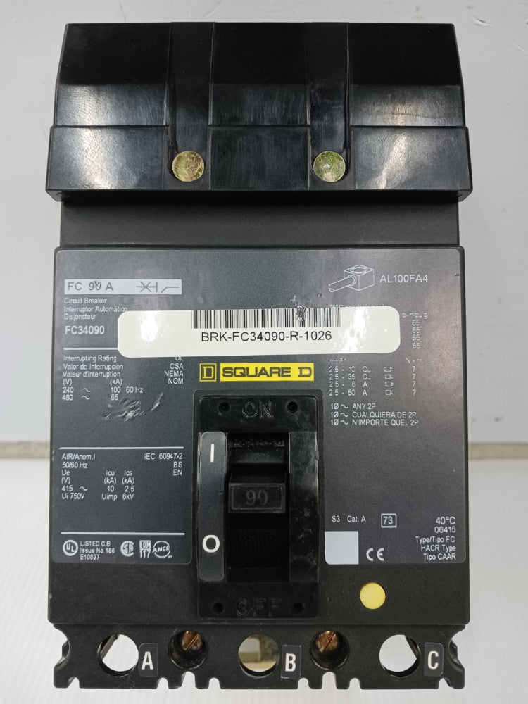 Square D 90 Amp I-Line Circuit Breaker 3 Pole 480 VAC 65kA FC34090