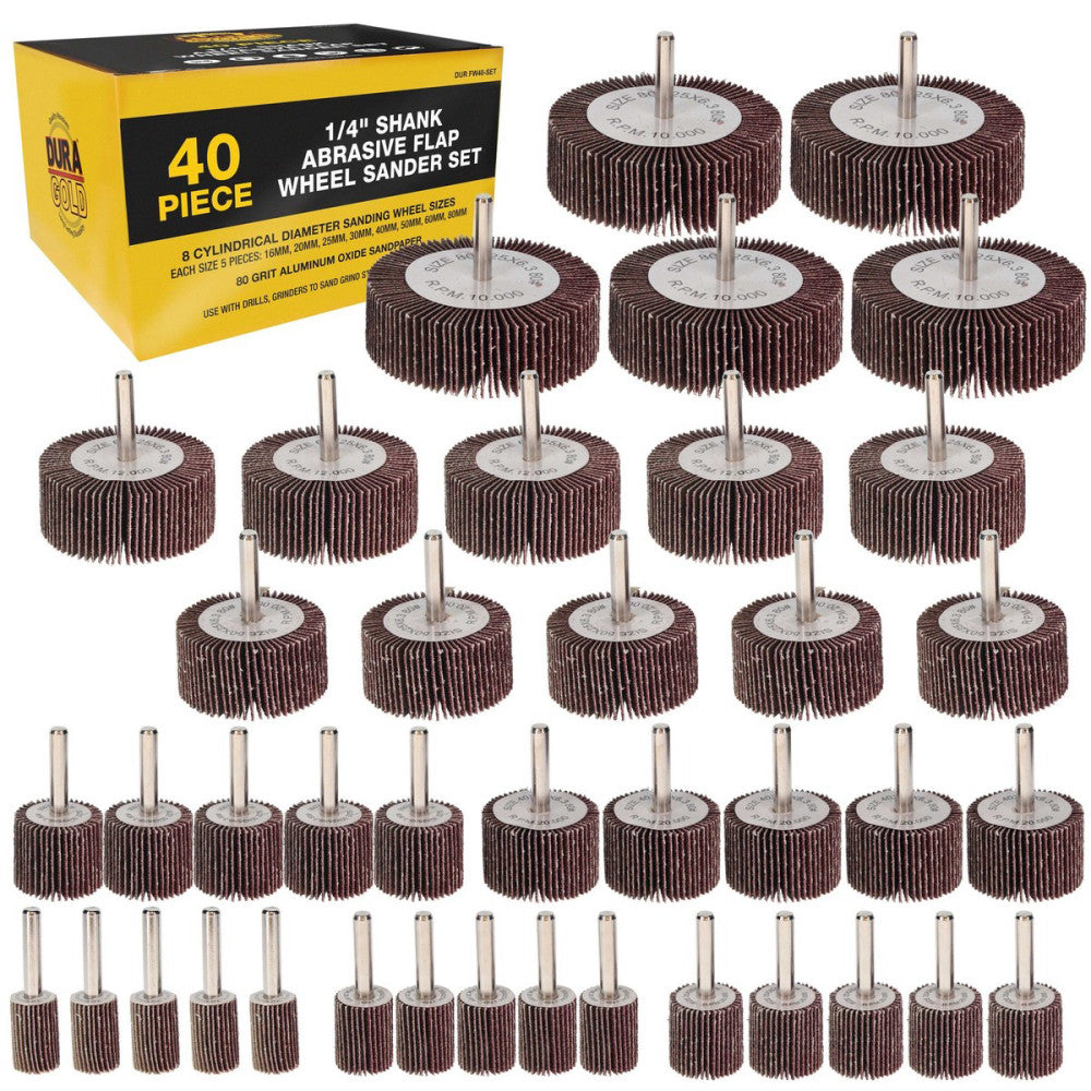 Dura-Gold 40-Piece 1/4" Shank Abrasive Flap Wheel Sander Set, 80 Grit Sandpaper
