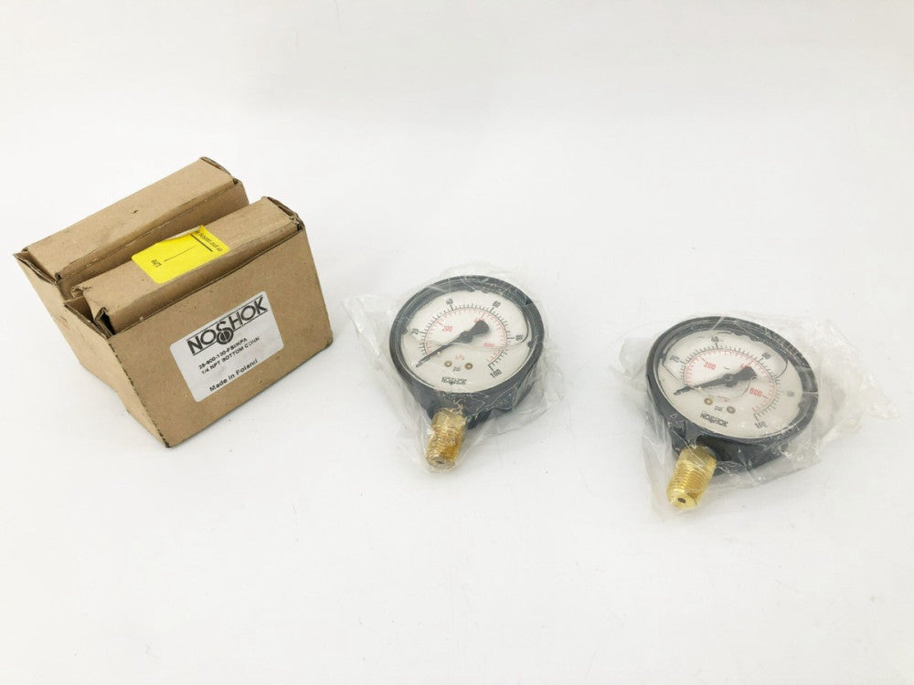 Lot of 2 New NoShok 25-900-100 PSI/KPA Pressure Gauges 1/4" NPT Bottom Mount