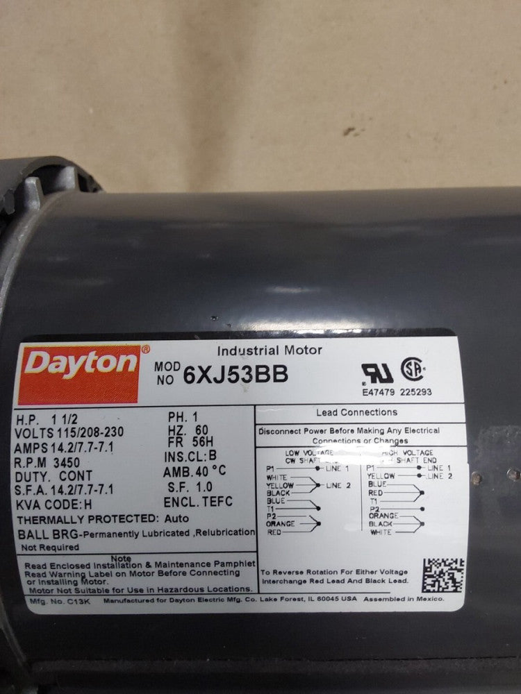 Dayton 6XJ53BB Capacitor-Start/Run General Purpose Motor, 1 1/2Hp Hp, 115V