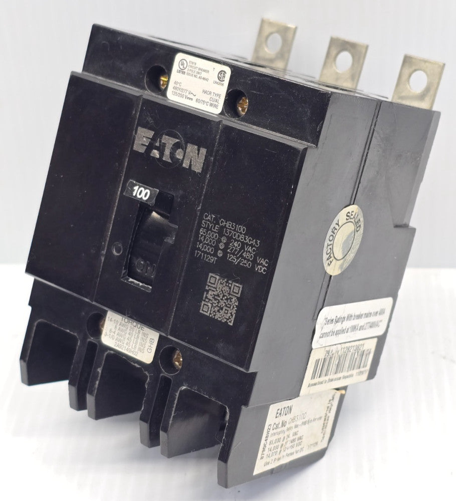 New Eaton 100 Amp Bolt-On Circuit Breaker 277/480 VAC 3 Pole 65 kA GHB3100