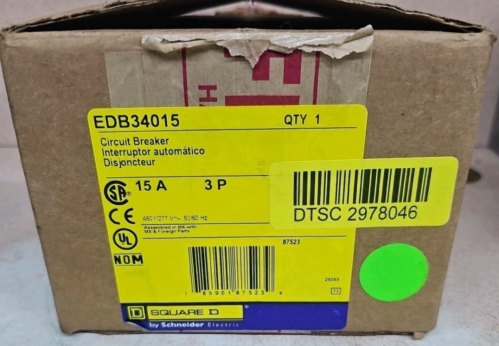 SQUARE D EDB34015 15A 480V 3P CIRCUIT BREAKER- OPEN BOX