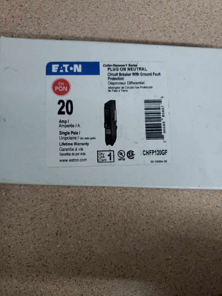 1) Eaton CHFP120GF 20A CH Ground Fault Circuit Breaker