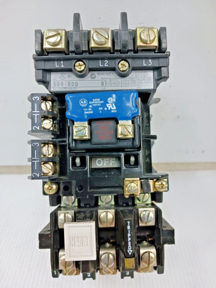 Allen Bradley Size 1 Motor Starter 3P 110-120V Coil 509-BOD W/ Surge Suppressor