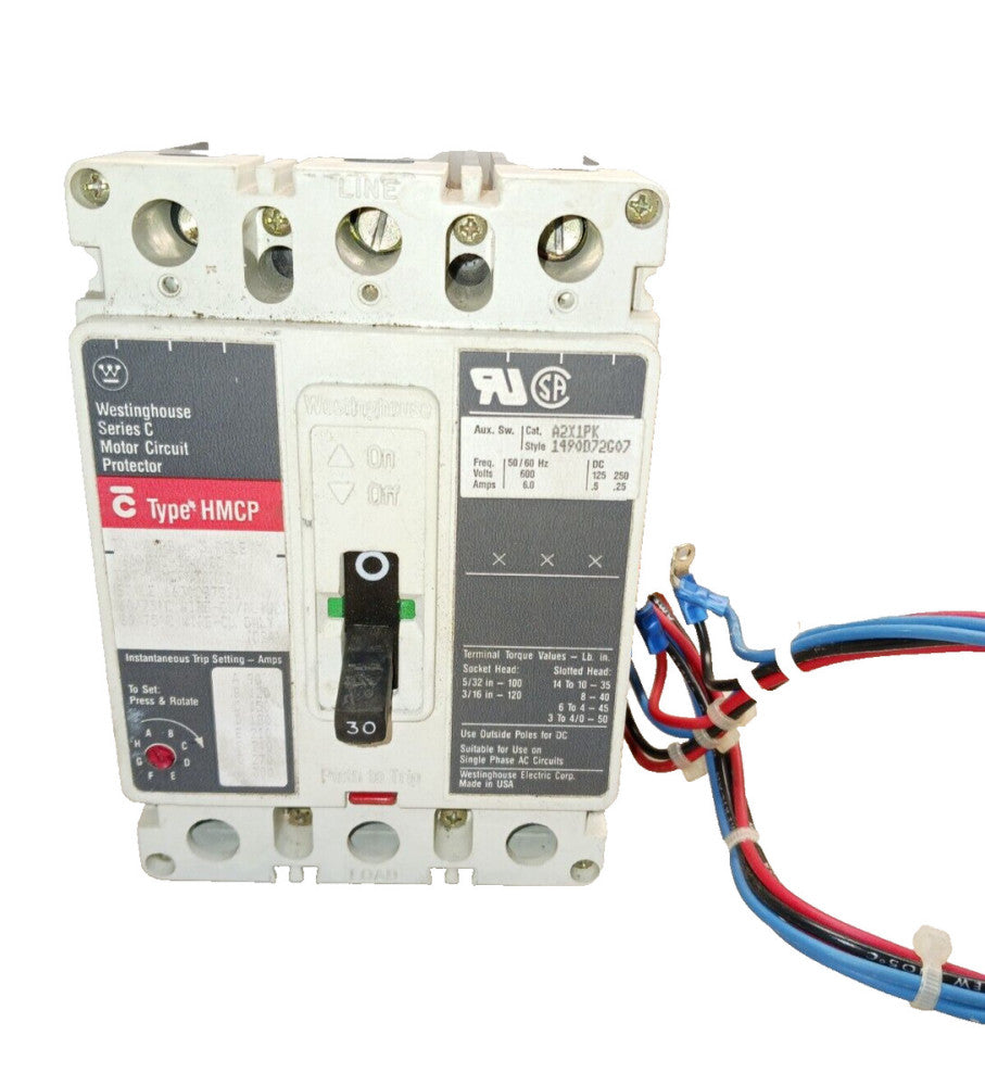 WESTINGHOUSE 30 AMP MOTOR CIRCUIT BREAKER 3 POLE WITH A2X1PK AUX  HMCP030H1C