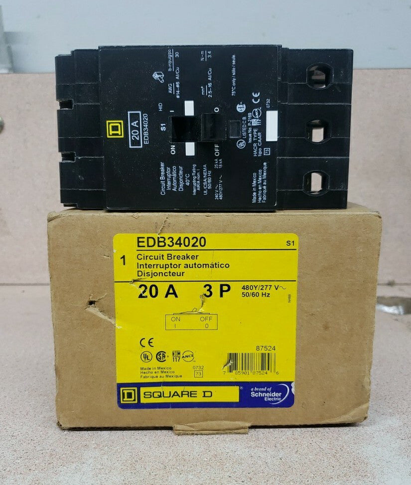 New Old Stock! Square D EDB34020 20 Amp 3 Pole 480 VAC Bolt-on Circuit Breaker