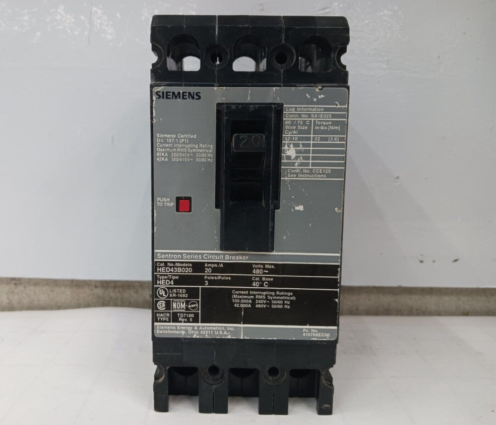 SIEMENS 20 AMP CIRCUIT BREAKER 3 POLE 480 VAC HED43B020