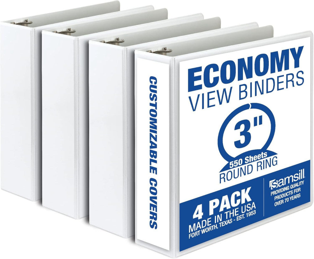 Samsill 3 Inch 3 Ring Binders, Made in USA, Economy Round Ring, Clear View Cover