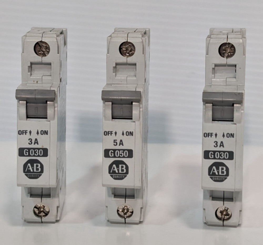 Lot of 3: Allen-Bradley G030, G050 miniature circuit breakers, 1492-CB1, 3A, 5A
