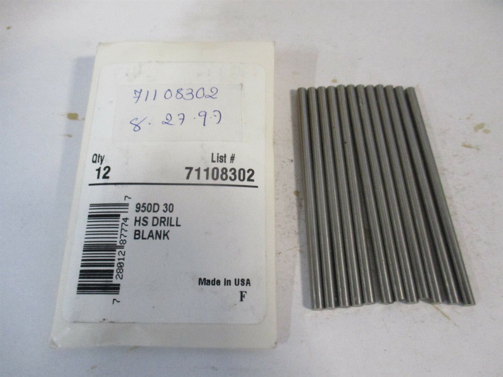 (950D 30) #30 x 2-3/4" Bright Finish High Speed Steel Long Drill Blank - Qty 12