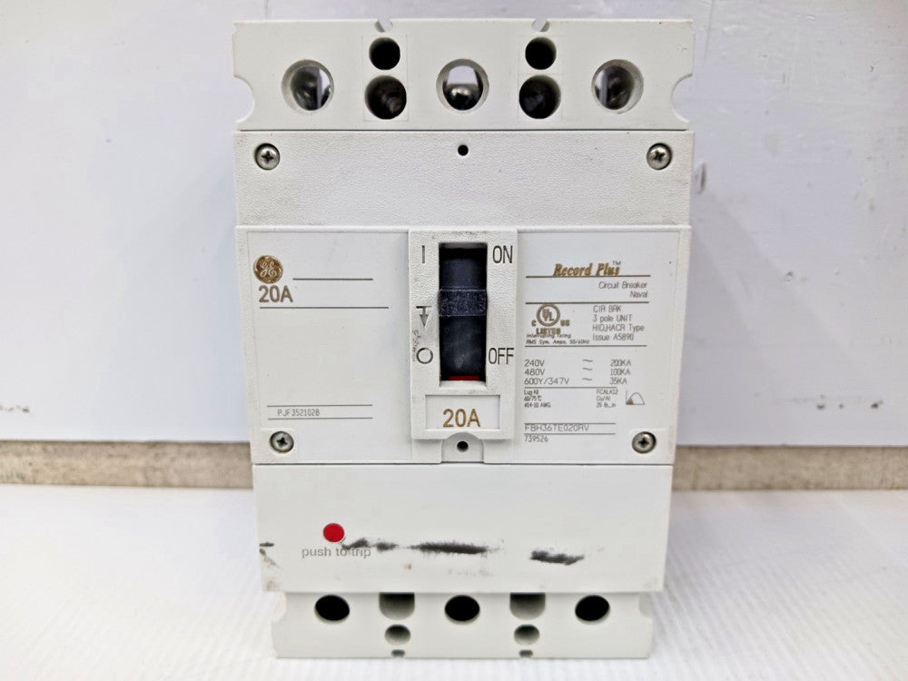 GE Record Plus 20 Amp Circuit Breaker 3 Pole 600Y/347 VAC 100kA FBH36TE020RV