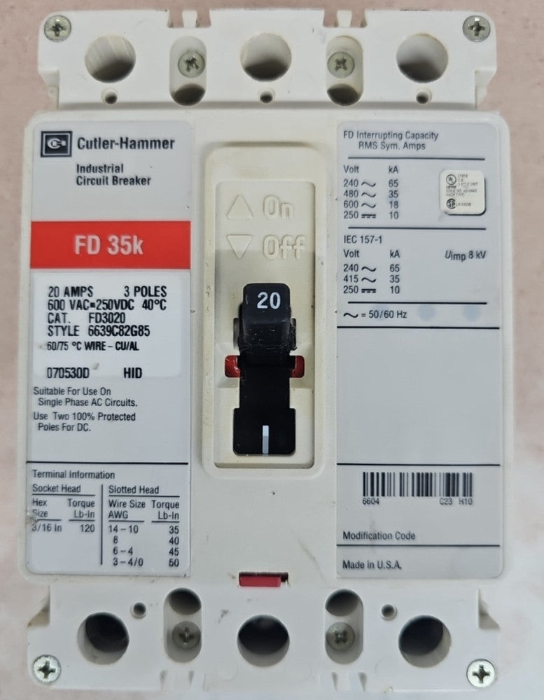 EATON CUTLER HAMMER FD3020 FD 3 POLE 20 AMP 480v CIRCUIT BREAKER RED NTO