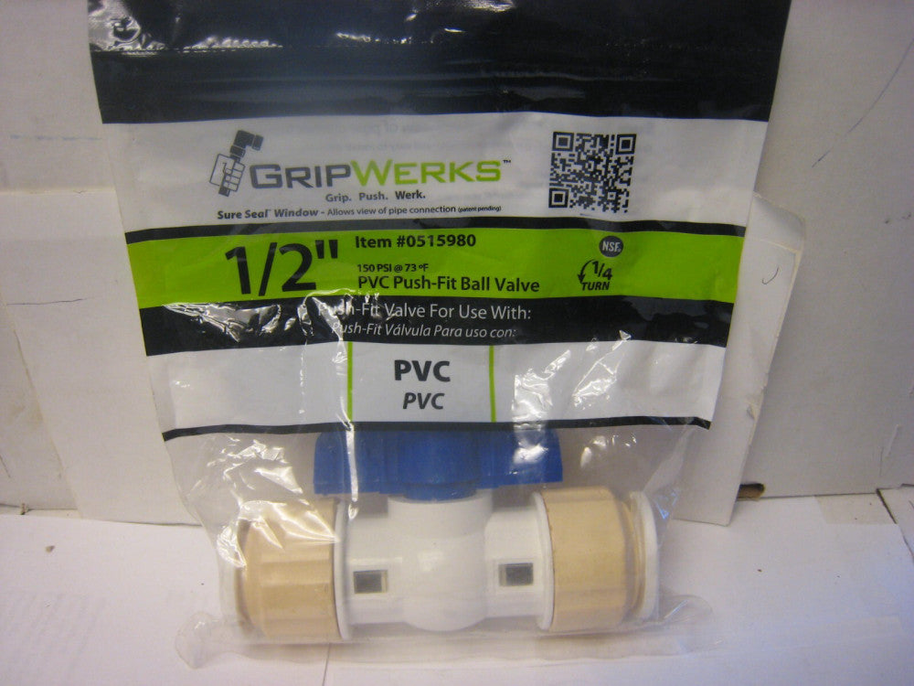GripWerks 1/2 in.Push-Fit x 1/2 in. Push-Fit PVC Ball Valve 1/4-Turn 0515980