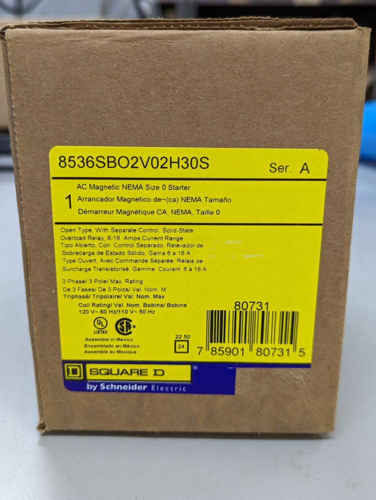 Square D 8536SBO2V02H30S Size 0 120VAC Open Starter New In Box USA