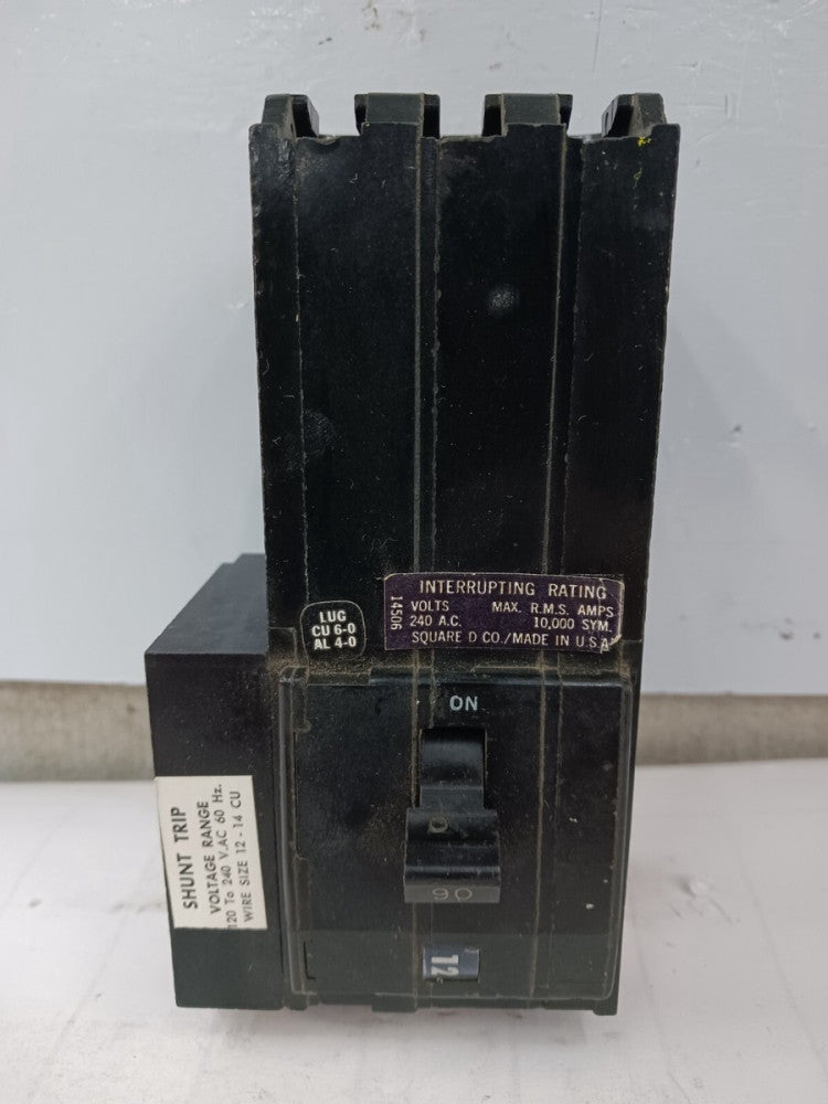 SQUARE D 90 AMP SHUNT TRIP CIRCUIT BREAKER 3 POLE 240 VAC Q1B390ST-S
