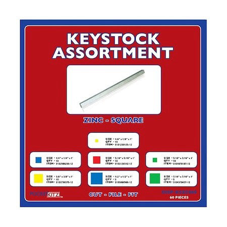 Zoro Select Disp-Kszc060 Key Stock Assortment, Steel, Zinc Plated, 60 Pieces