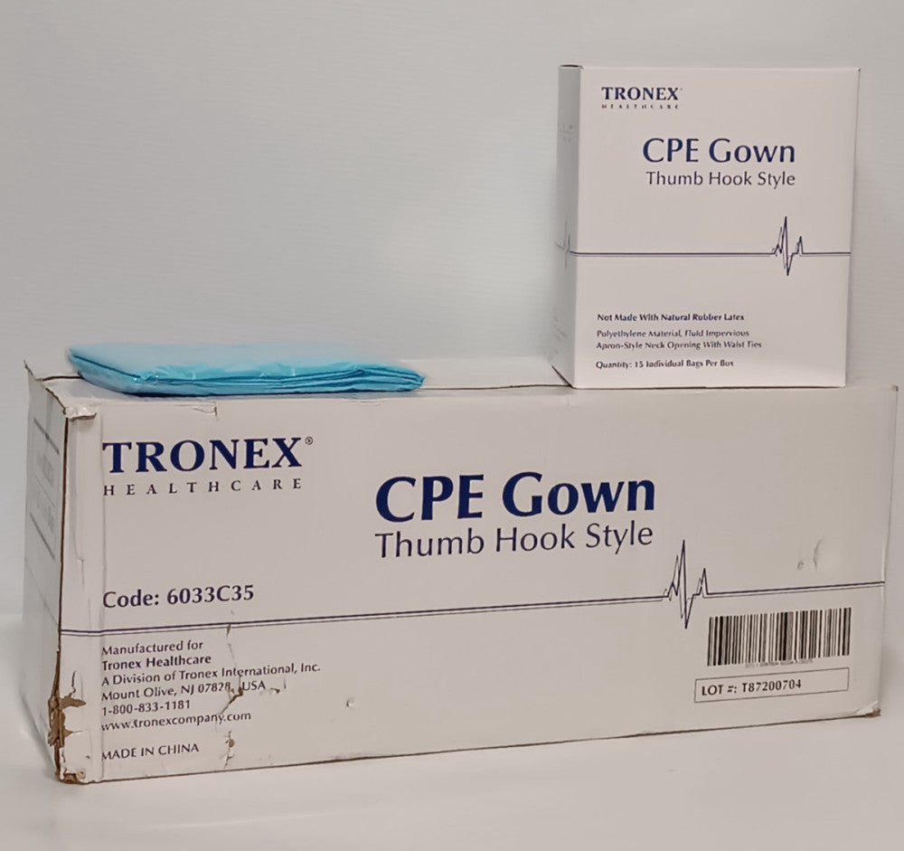 Box of 75: Tronex Healthcare 6033C35 Thumb Hook Style CPE Gown 120x104cm XL Blue