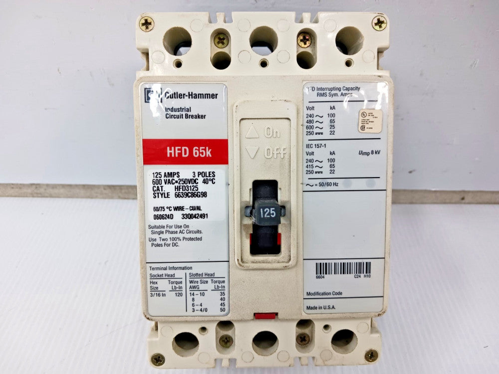 Cutler Hammer 125 Amp Circuit Breaker 3 Pole 600 VAC / 250 VDC 65kA HFD3125